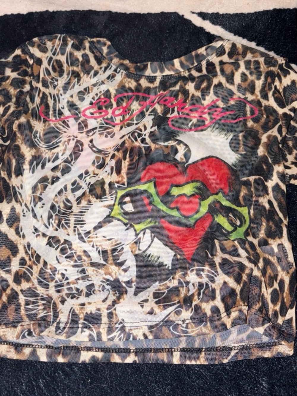 Ed Hardy Leopard Print Short Sleeve Tee with Red Heart and Green Snake